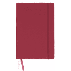 A maroon A5 notebook with a ribbon bookmark and an elastic band closure. It features a logo on the front.