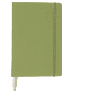 A green A5 notebook with an elastic band closure, featuring a ribbon bookmark and a logo on the cover.