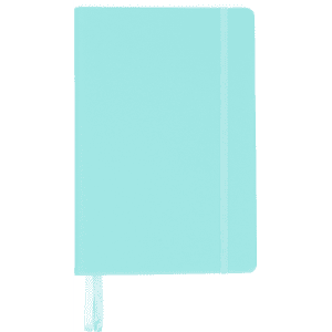 A turquoise A5 notebook with a flexible cover, elastic closure, and a ribbon bookmark. Features branding on the cover.
