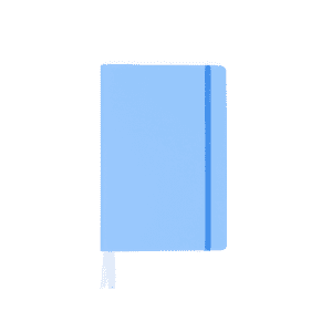 A light blue A5 notebook with an elastic closure and ribbon bookmark. It features a logo on the cover.