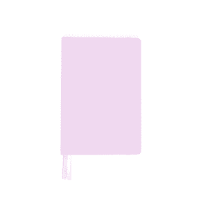 A pastel pink A5 notebook with a ribbon bookmark and a logo on the cover.