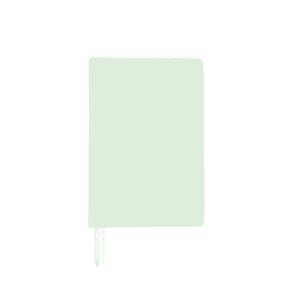 A mint green A5 notebook with a ribbon bookmark and a smooth cover, featuring a logo on the front.