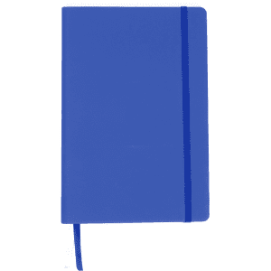 A blue A5 notebook with a bookmark and an elastic band for closure, featuring a logo.
