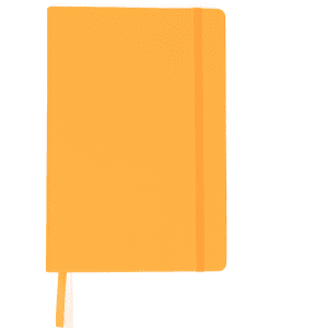 An orange A5 notebook with a matching elastic closure and a ribbon bookmark. It features a logo on the cover.