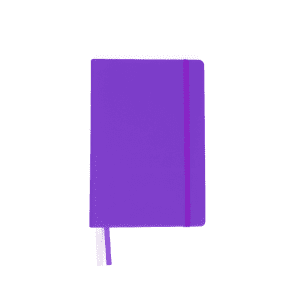 A purple A5 notebook with a contrasting elastic band and a ribbon bookmark. Features branding on the cover.