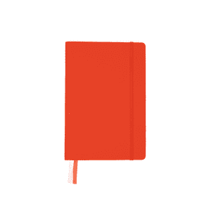 A bright orange A5 notebook with an elastic closure and a ribbon bookmark. It features a logo on the cover.