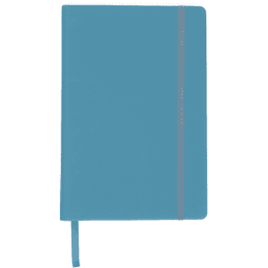 A turquoise A5 notebook with an elastic band closure and a ribbon bookmark. It features a logo on the cover.