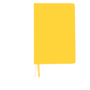 A bright yellow A5 notebook featuring a smooth cover and two contrasting bookmarks. It has a logo on the cover.