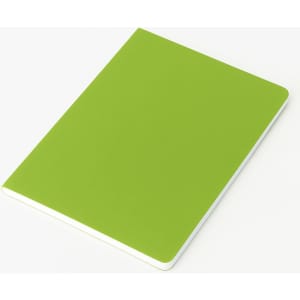 A5 thin notebook with a vibrant green PU cover and white edges, featuring a logo on the front.