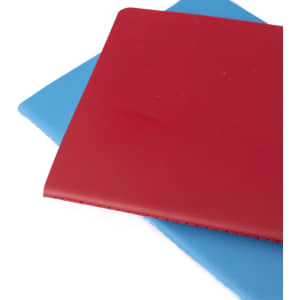 A5 thin PU cover notebook with a red exterior, placed over a blue notebook. Both have a smooth finish and a logo.
