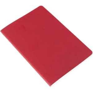 A red A5 thin PU cover notebook with a smooth finish and a concealed spine. It features a logo on the cover.