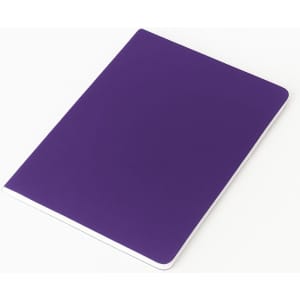 A5 thin PU cover notebook in vibrant purple with a sleek design and rounded edges. Features a logo on the cover.