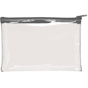 A clear PVC pencil case with a grey zip closure, suitable for storing stationery or small items.