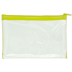 A clear PVC pencil case with a vibrant yellow zip, ideal for organising stationery items.