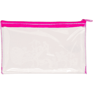 A clear PVC pencil case with a bright pink zipper, featuring a simple design.