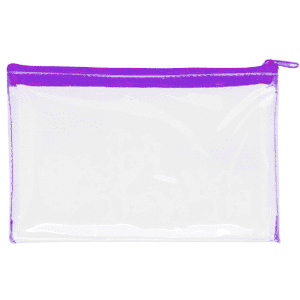 A clear PVC pencil case with a purple zipper, featuring a simple and sleek design.