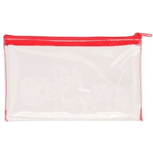 A clear PVC pencil case with a red zip, featuring a transparent design and a logo.