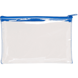 A clear PVC pencil case with a blue zipper detail, ideal for storing stationery.
