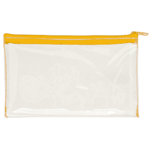 A clear PVC pencil case with a yellow zip. It features a transparent body for visibility.