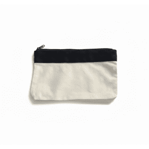 A canvas pencil case in cream and black, featuring a zip closure and a logo on the front.