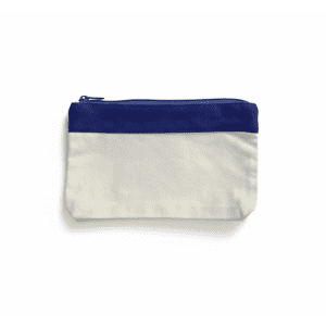 A canvas pencil case in blue and cream with a zippered closure and a logo on the front.