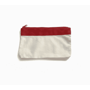 A canvas pencil case featuring a red zip and a cream body, ideal for storing stationery and office supplies.