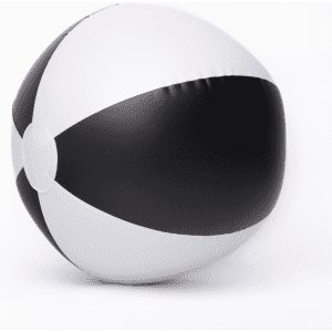 A beach ball with black and white segments, featuring a smooth, inflatable surface and a circular design.