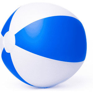 A blue and white beach ball, 20cm in size, featuring a round shape and a small valve.