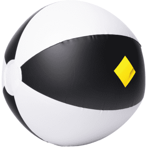 A beach ball with black and white panels and a yellow diamond logo. Sized at 30cm, ideal for outdoor leisure.