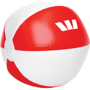 A beach ball with red and white panels, featuring a logo, ideal for leisure and outdoor activities.