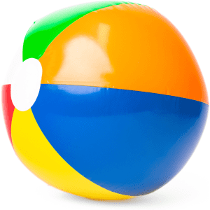 A multi-colour beach ball featuring orange, green, blue, and yellow segments, with a smooth, glossy finish.