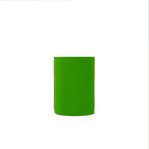 A bright green neoprene stubby cooler with a smooth surface and a fitted design. It features a logo.