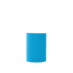 A blue neoprene stubby cooler with a simple design and a smooth finish. It features a logo on the surface.