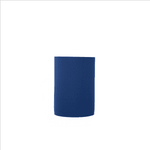 A blue neoprene stubby cooler with a branding logo, designed to hold drink bottles.
