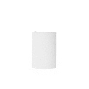 A white neoprene stubby cooler with a rounded top, featuring a logo. Ideal for holding drink bottles.