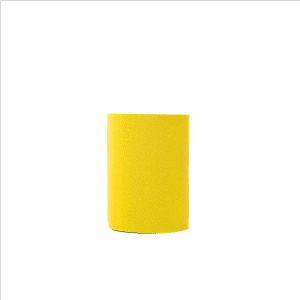 A yellow neoprene stubby cooler featuring a logo, designed to hold drink bottles.