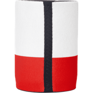 A drink bottle cooler in white and red, featuring a black seam and a logo. Ideal for keeping beverages cold.