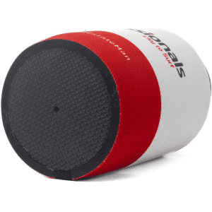 A stubby cooler featuring a red and white design with a textured black base and a logo.