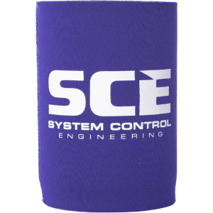 A purple stubby cooler featuring a logo for System Control Engineering. Suitable for holding drinks.
