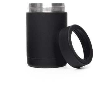 A stainless steel stubby holder in matte black, featuring a removable lid. Includes a logo on the surface.
