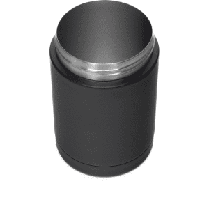 A stainless steel stubby holder in black, featuring a sleek design and a smooth interior.