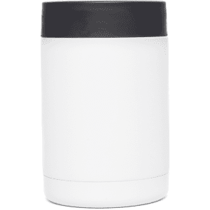 A stainless steel stubby holder in white with a black top, featuring a logo.
