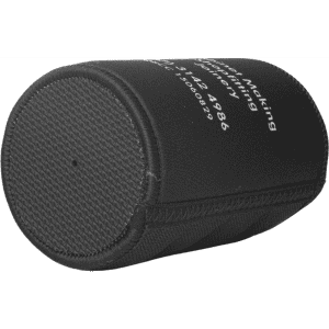 A black stubby holder with a textured base and a logo, designed for drinkware.