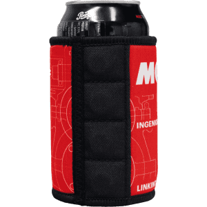 A red stubby holder with a black lining, featuring a logo and designed to hold a drink can securely.