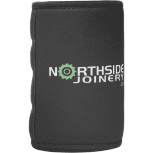 A black stubby holder with a logo, designed for keeping drinks cool. It features a sleek, neoprene finish.