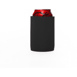 A black stubby cooler with a red drink can inside, featuring a logo.