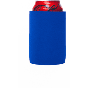 A blue stubby holder encases a red drink can, featuring a smooth, solid design with a logo.