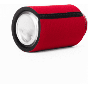 A red stubby cooler without base, featuring a sleek design and a black trimmed opening, suitable for drink bottles.