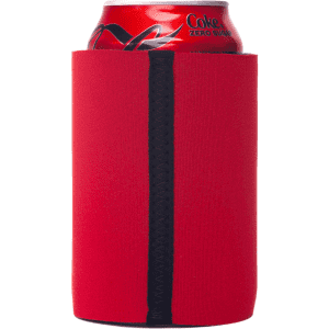 A red stubby cooler designed to fit a standard drink can, featuring a black stripe and a logo.