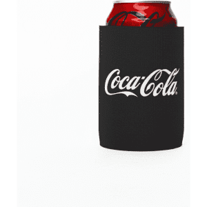 A stubby cooler in black holding a can of Coca-Cola, featuring a logo on the front.